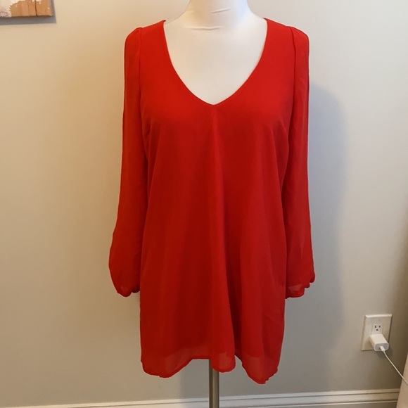 Tobi Red Chiffon Split Sleeve Tunic Dress - Picture 2 of 9